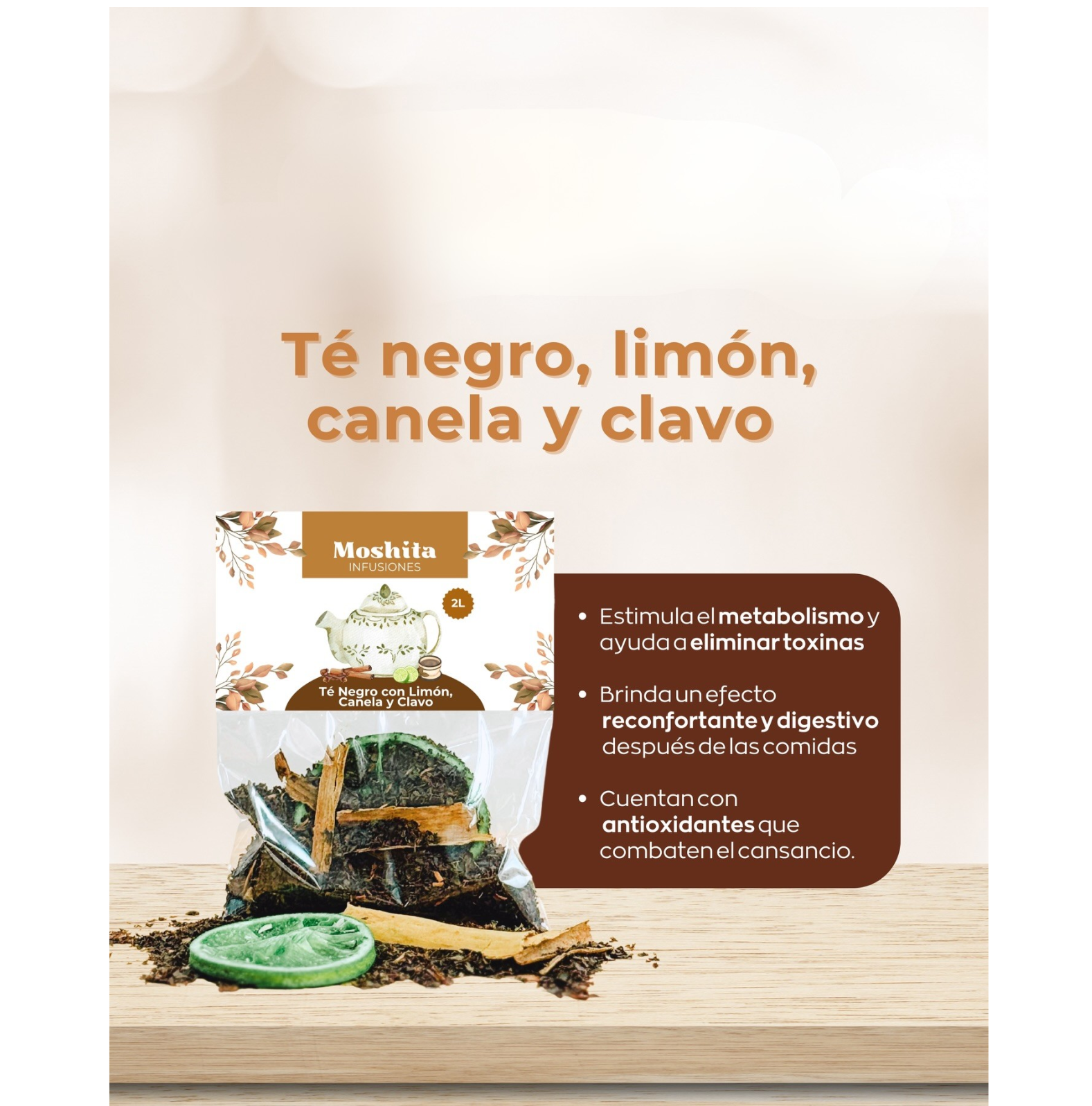 Infusión té negro con limón, canela y clavo Infusión té negro con limón, canela y clavo